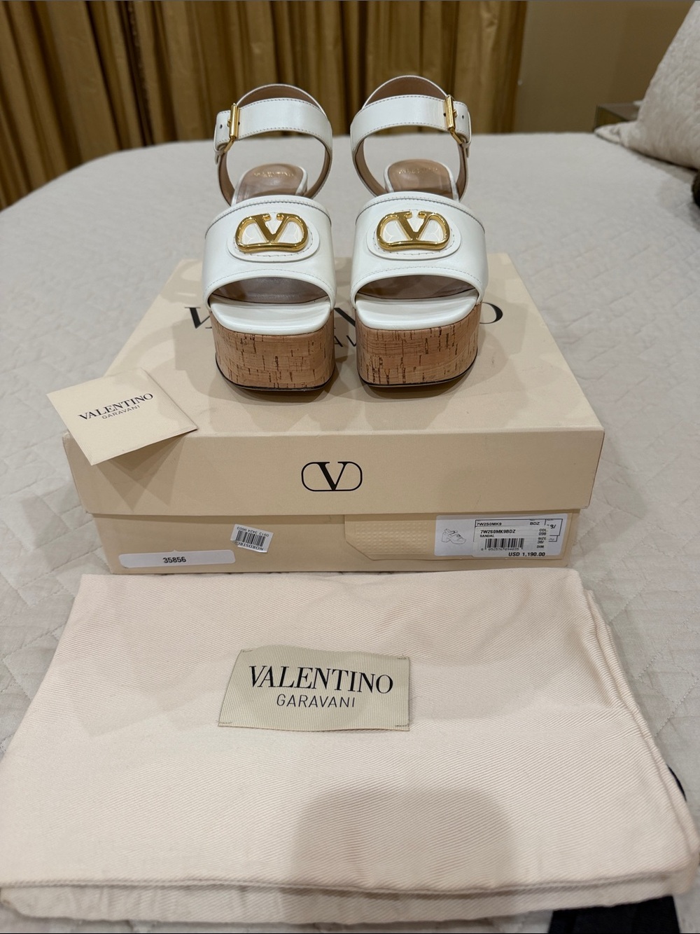 Valentino Garavani White Leather Platform Cork Sandals with Gold Logo